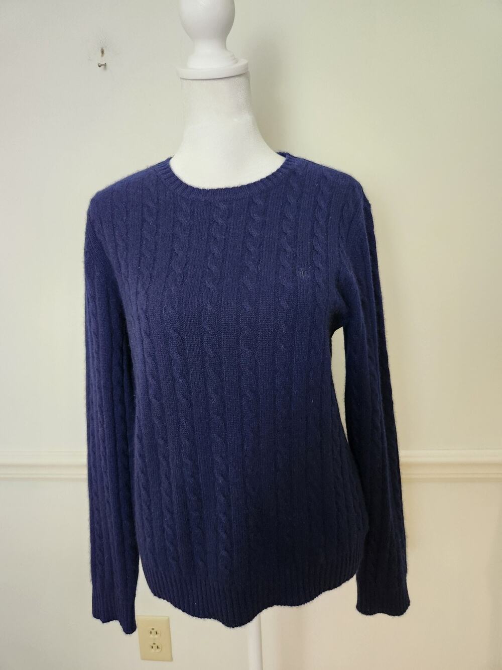 Lauren Ralph Lauren Sweater Size Medium Womens 100 Cashmere Navy Blue Logo Cable